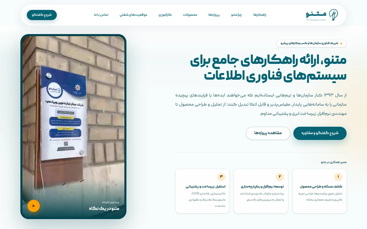 هیروی سایت شرکت متنو با ویدیو و مسیر همکاری